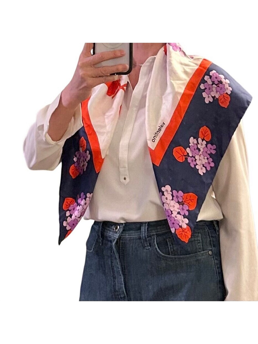 Valentino Italy 100% Silk Scarf  Floral 34” Square Navy White Purple Coral VTG